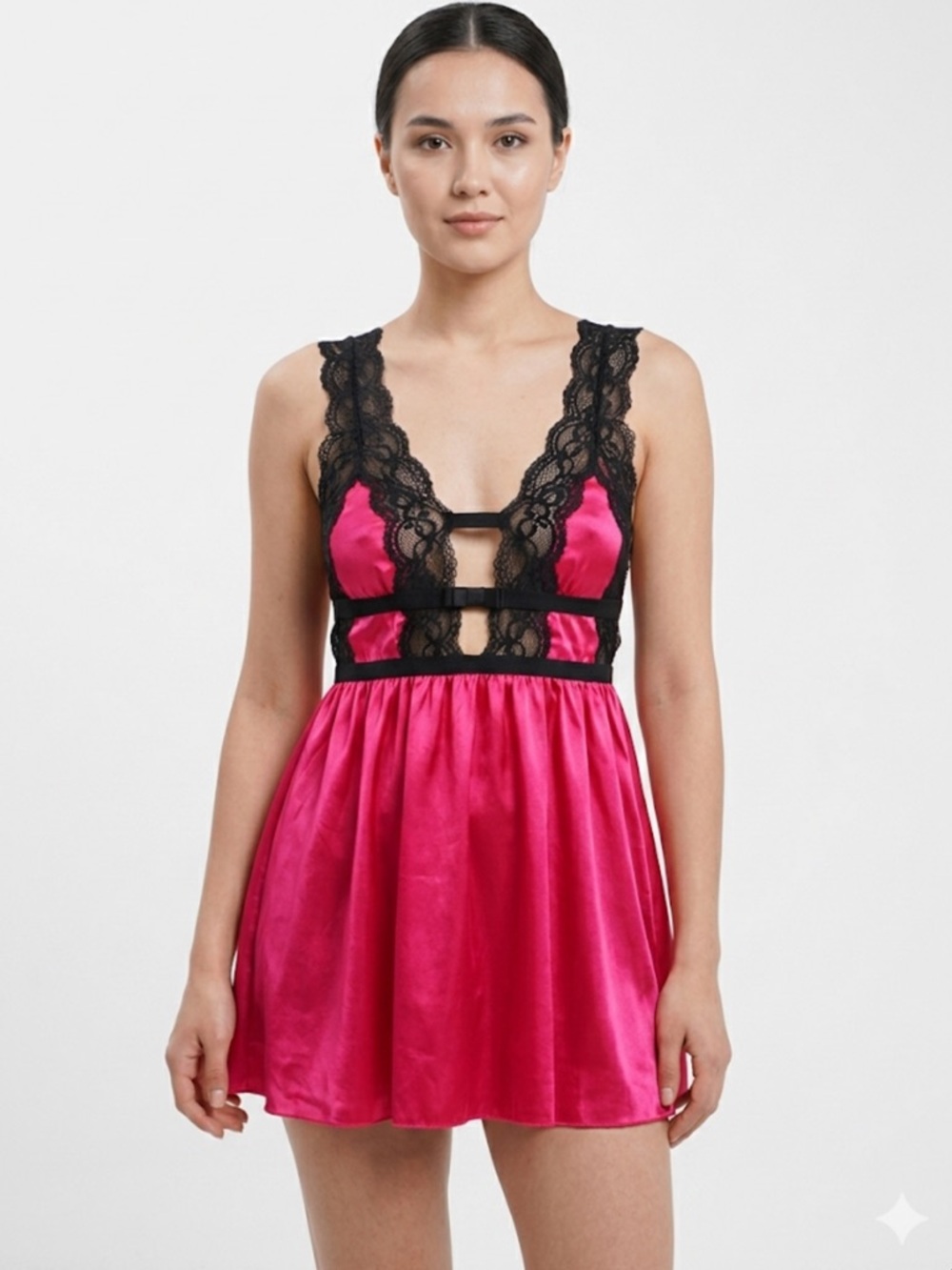 Victoria's Secret Hot Pink Satin & Black Lace Babydoll Chemise